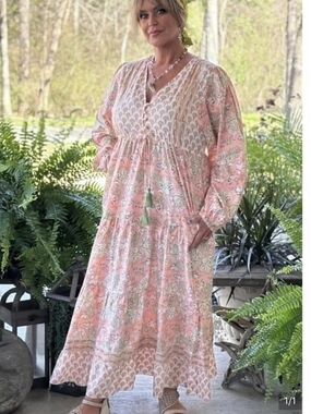 Pink Floral Maxi Dress with Tassel Tie